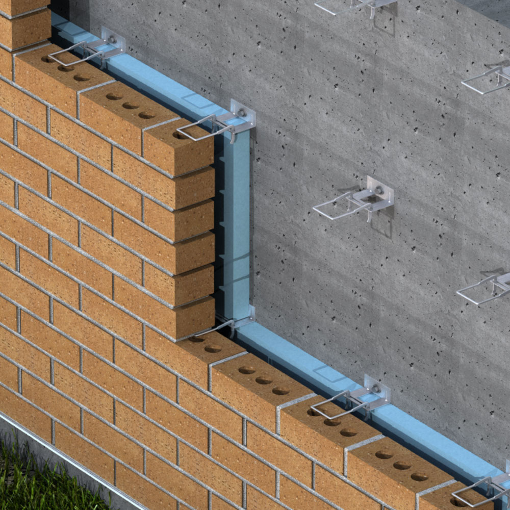 Close up assembly image of HB-5213 anchor with 2X-HOOK securing a brick veneer to a concrete backup