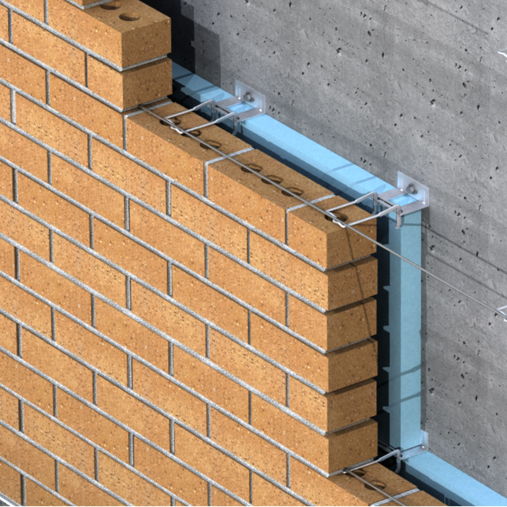 Close up assembly image of HB-5213 anchor with 2X-Seismic Hook with Continuous Wire securing a brick veneer to a concrete backup
