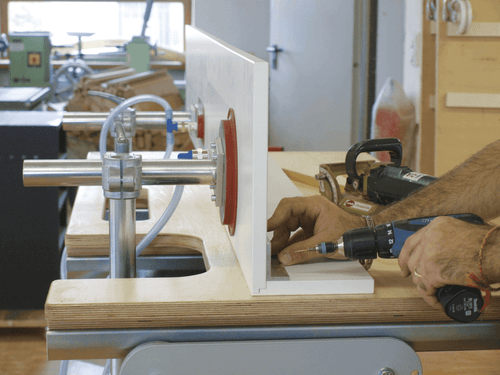 Detailed image of Barth VakuuCar Assembly table using vacuum pads to hold a wooden part