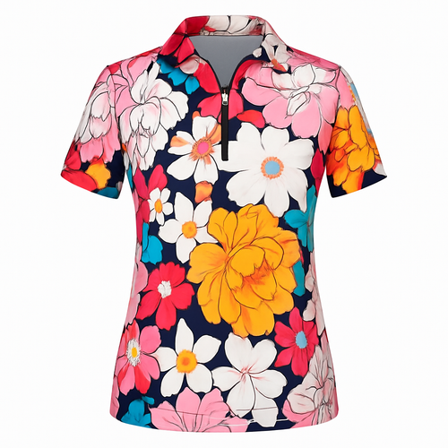 Short Sleeve Golf Top Flowers in Black Background