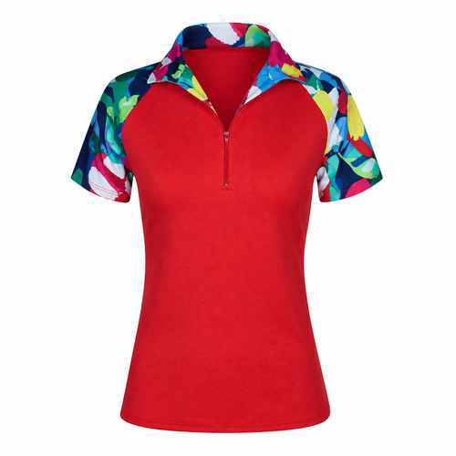 Short Sleeve Golf Top in Red with Hibiscus