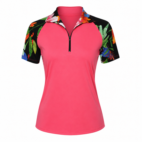 Short Sleeve Golf Top in Peach with Jungle Print