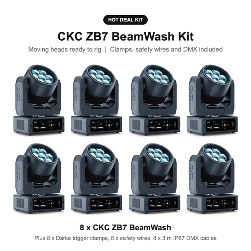 CKC Lighting ZB7 BeamWash Kit: Moving Heads with Clamps, Safety Wires and DMX