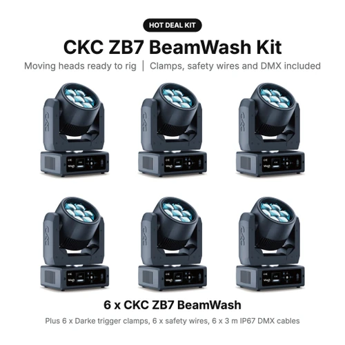 CKC Lighting ZB7 BeamWash Kit: Moving Heads with Clamps, Safety Wires and DMX