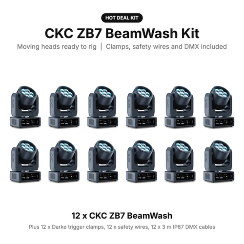 CKC Lighting ZB7 BeamWash Kit: Moving Heads with Clamps, Safety Wires and DMX