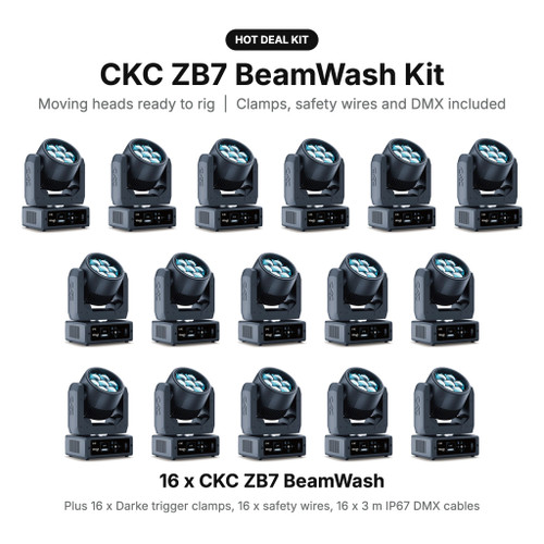 CKC Lighting ZB7 BeamWash Kit: Moving Heads with Clamps, Safety Wires and DMX