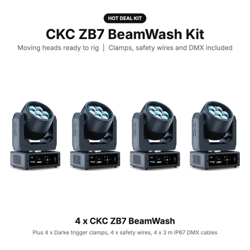 CKC Lighting ZB7 BeamWash Kit: Moving Heads with Clamps, Safety Wires and DMX