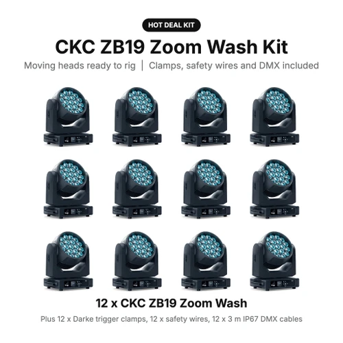 CKC Lighting ZB19 Zoom Wash Kit: Moving Heads with Clamps, Safety Wires and DMX