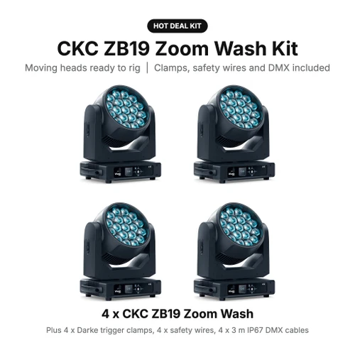 CKC Lighting ZB19 Zoom Wash Kit: Moving Heads with Clamps, Safety Wires and DMX