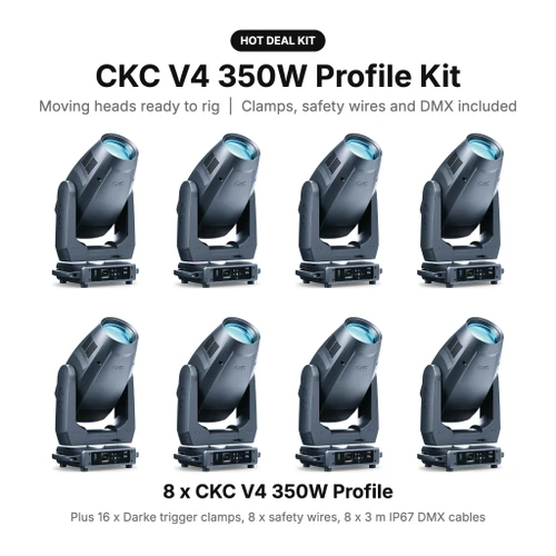 CKC Lighting V4 Profile Kit: 350W LED Profile Moving Heads with Clamps, Safety Wires and DMX