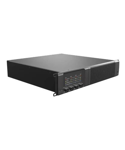 Quest Engineering QX4750 power amplifier, angled view
