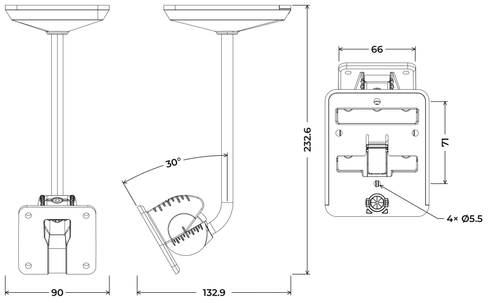 Quest UB2X ceiling bracket line drawing with dimensions, black and white versions