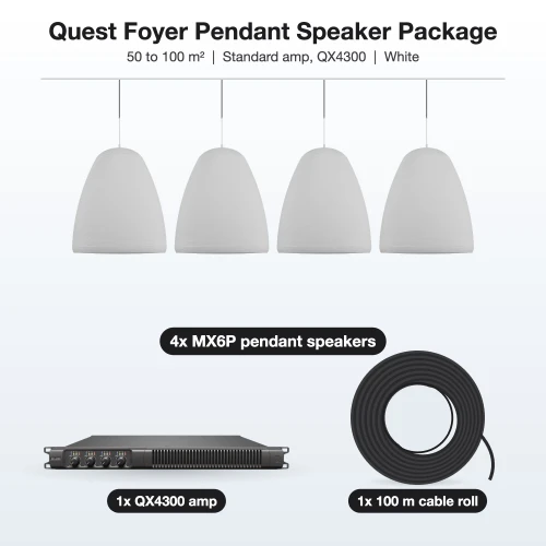 Quest Foyer Pendant Speaker Package, 50 to 100 m², 4x MX6P white, QX4300 amp, 100 m cable roll