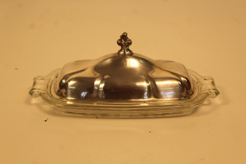 Vintage Pressed Glass Butter Dish Aluminum Cover