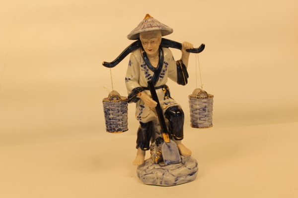 Vintage Asian Fisherman Figurine Blue & White Ceramic