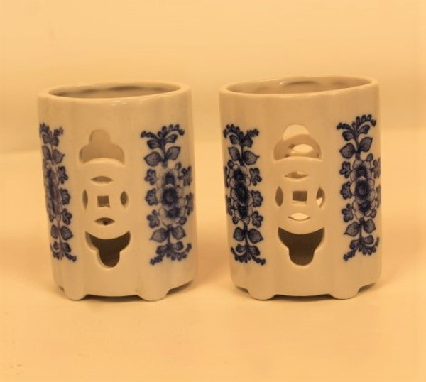 Chinese Ceramic Oval Blue & White Candle Holders