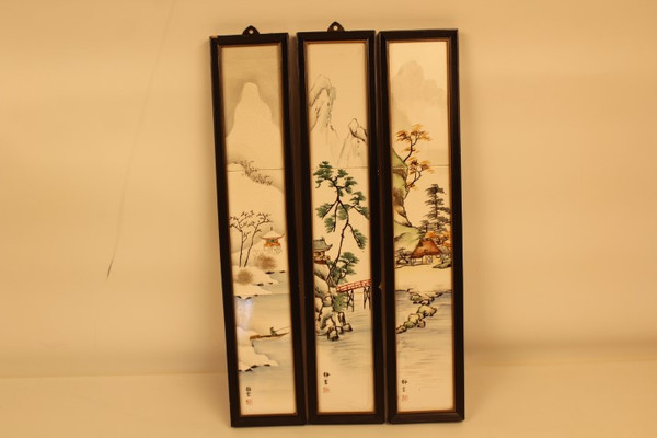 Vintage 3pc Japanese Hand Painted Framed Tile