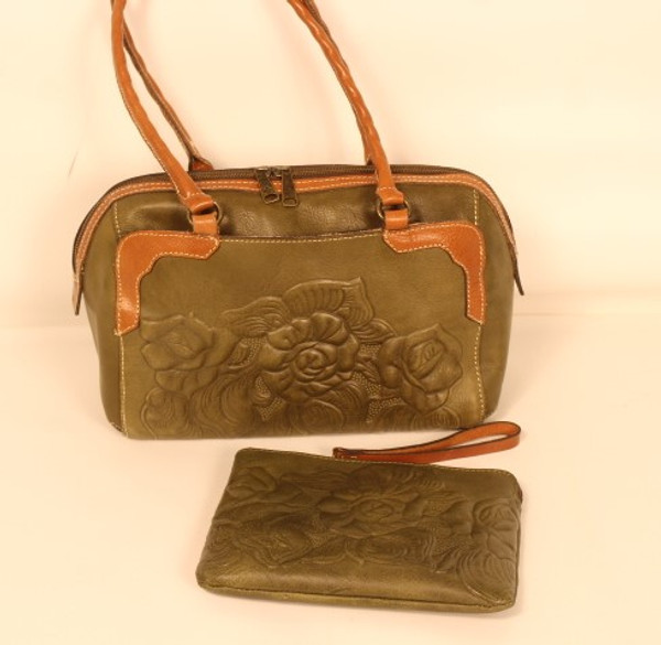 Patricia Nash Olive Green Leather Embossed Handbag