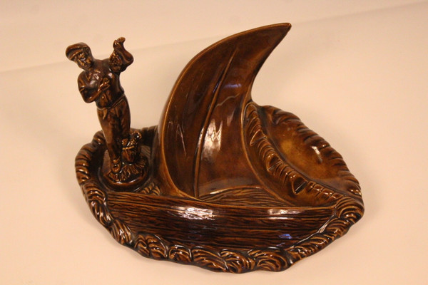 Vintage Ceramic Fisherman/Sailboat Ashtray