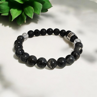 Larvikite Crystal Bracelet stretch unisex quartz lava labradorite flash silver blue black grey