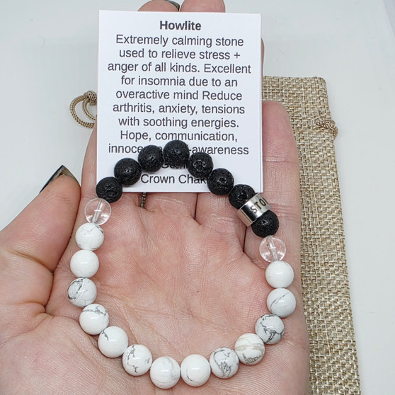 Howlite is an extremely calming stone and is used relieve stress of all kinds, including anger. It makes an excellent antidote to insomnia as a result of an overactive mind. Howlite can reduce anxiety & tensions as well as alleviate stress & anger because it is so gentle, soothing and calming for not only you but the energies around you. Soaking in negative energies that would otherwise bring your energy down. Discovered in 1868 this crystal promotes cohesiveness, freedom, hope, illumination, inhibitions, innocence, purity & unity. Cleanse and set your intentions before wear. Howlite aligns with the Crown Chakra. Howlite closely aligns to the personality traits of Zodiac Sign Gemini. Compliment your efforts with our Lavender Oil Roller with Amethyst stones Inside!