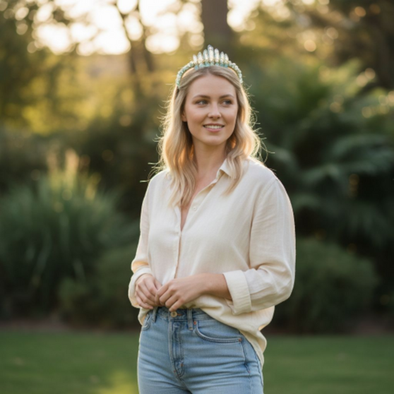 This gorgeous Quartz Crown is Aura plated with Amazonite chips rounding out this design. Made on gold wire with Gold headband. Be ready to delight at your next event, or be bold and wear every day. Quartz at the Crown Chakra brings focused attention and clarity to the mind, whilst Amazonites feminine, emotional comfort soothes the mind and body.