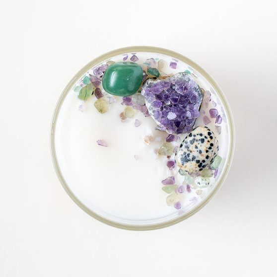 Crescent Moon Crystal Candles and Workshops. This beautiful candle is the perfect choice if you’re wanting to gift a loved one a ‘Joyful Future’. 
Crystals- Amethyst, Aventurine & Jasper Dalmatian