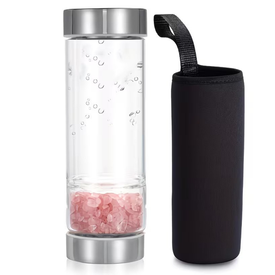 STC Crystal Water Bottles are made from thick glass secured with a screw top stainless, smudge proof lid. Each water bottle comes with a black protective carry case, absorbs moisture from cold drinks and absorbs shock when dropped. Crystal chips fill the base compartment, imbuing your water with your choosen energy. Base compartment can unscrew to remove and clean crystals and to customise your design.

Ask for

Pink Rhodonite

Flashy Labradorite

Blue Apatite

Black Obsidian

Amethyst

Citrine

Carnelian

Red Jasper

Sodalite

Rose Quartz

Quartz