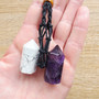 Amethyst Keychains have an easy open clasp that securely holds onto any bag or accessory you attach it to. Black macrame cotton surrounds and holds your Amethyst Point, protecting it from rough surfaces. You can remove your Amethyst Point from the pouch to hold in the palm with the point facing inwards, during meditations. 

2 for $19 at cart

This is Brazilian Amethyst which encourages the holder to relax, clear their thoughts and focus on their own intuition. As a stress relieving stone you can also keep this under your pillow for a peaceful sleep or to soothe headaches and migraines. If you have OCD, ADD or ADHD Amethyst Energy is for you!