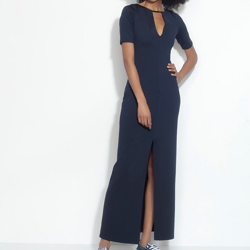 Elbow Sleeve Slit Front Dress | Black Elbow Sleeve Slit Front Dress | Black