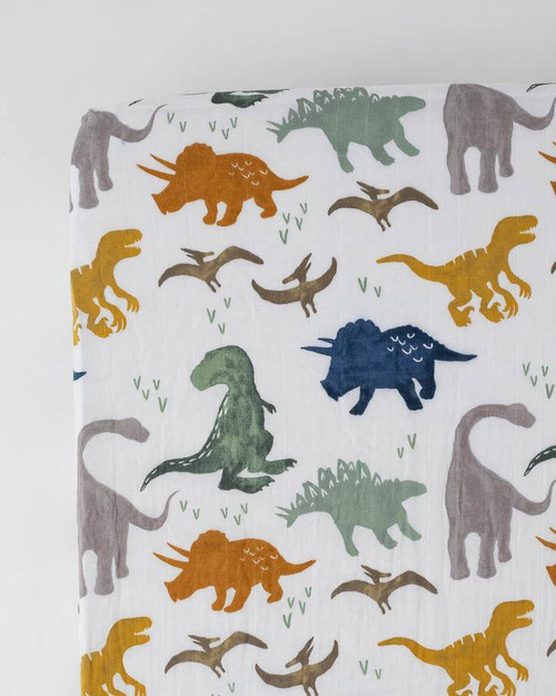 Cotton Muslin Crib Sheet | Dino Friends Cotton Muslin Crib Sheet | Dino Friends