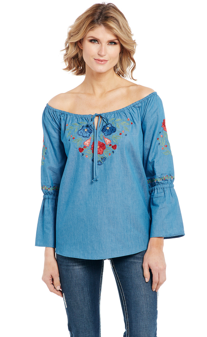 Embroidered Off-The-Shoulder Top With Gathered Neck Tie