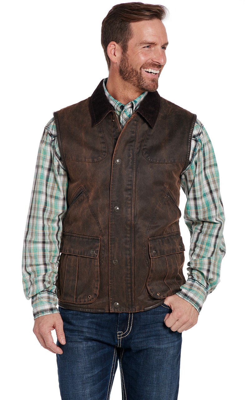 Enzyme Washed Cotton Snap & Zip Front Vest W/ Cord Collar, Faux Leather ...
