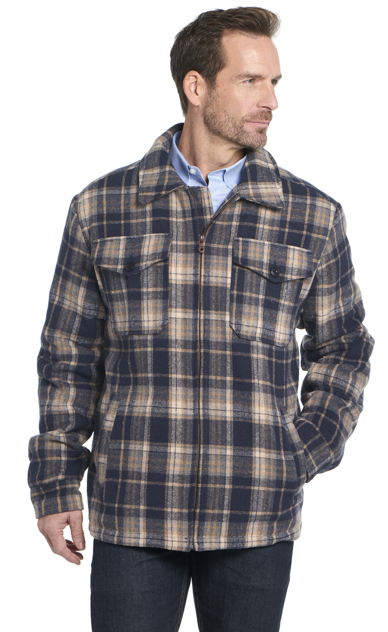 Zip Front Plaid Blanket Shirt Jacket W/ Faux Sherpa Lining