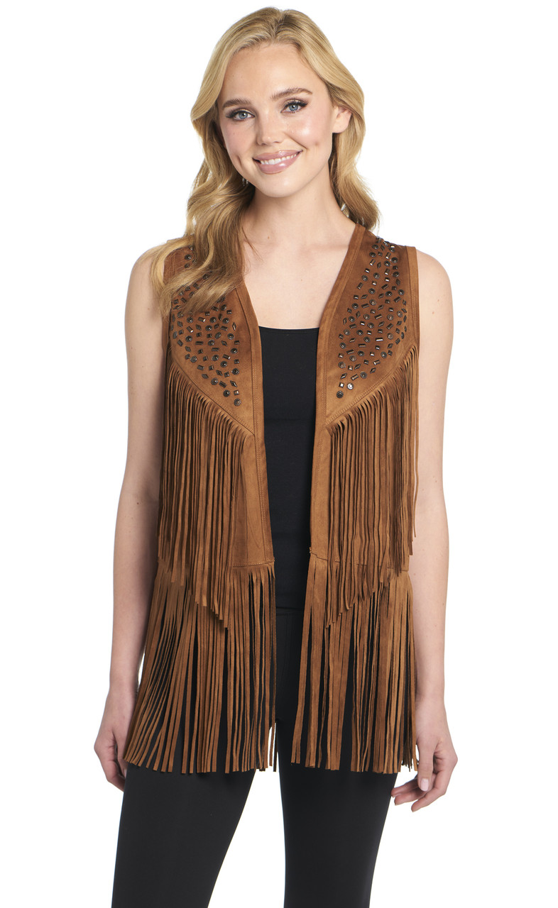Open Front Double-Faced Microsuede Vest W/ Ornate Stud Detail And