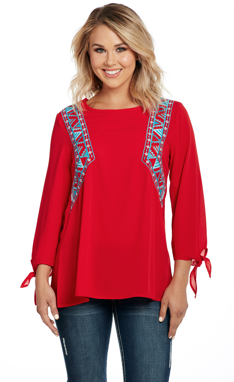 3/4 Tie Sleeve Embroidered Top With Keyhole Back (CG90103) - Cripple Creek