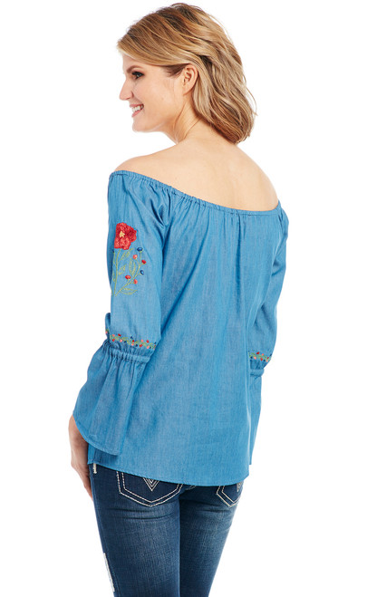 Embroidered Off-The-Shoulder Top With Gathered Neck Tie