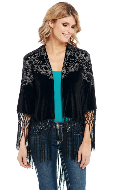 Velvet Wrap With Overt Metallic Embroidery And Fringe Trim (CG91204)