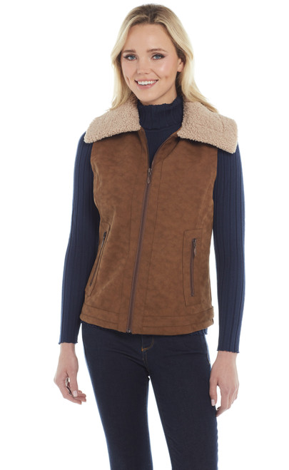 Faux Leather Zip Front Vest W/ Faux Fur Collar & Concealed Carry