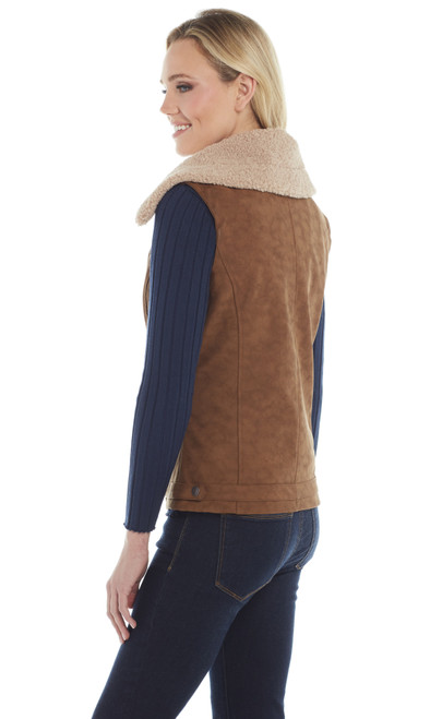 Faux Leather Zip Front Vest W/ Faux Fur Collar & Concealed Carry