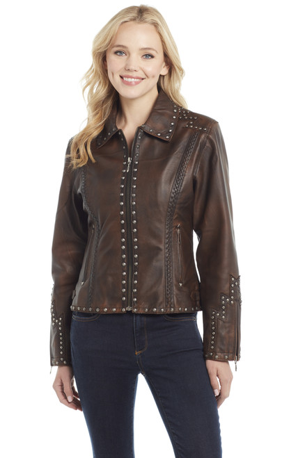 Studded & Hand Laced Lamb Nappa Zip Front Jacket W/ Multi-Studded Back Band (LL21263-F26)