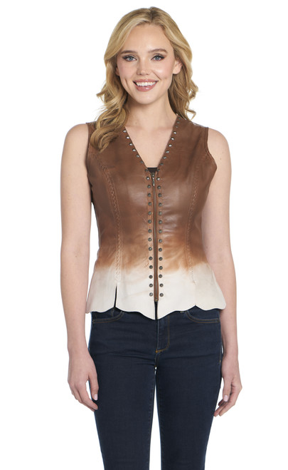 Studded Hand Laced And Ombre Finished Zip Front Leather Vest W/ Raw Edges (LL20072-F25)