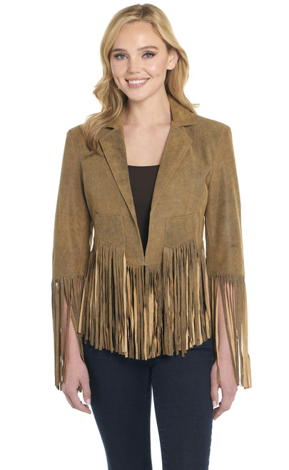 Antique Finished Lamb Nappa Open Front Fringe Jacket (LL16464-F25