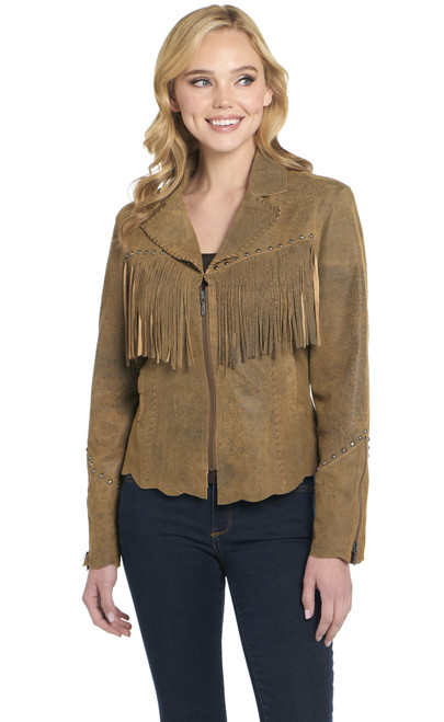 Studded Hand Laced And Distressed Zip Front Leather Jacket W/ Raw Edges (LL21471-F26)