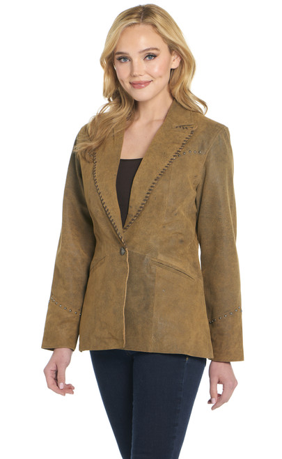 Studded Distressed Leather Snap Front Blazer W/ Embroidered Back Yoke (LL26071-F25)
