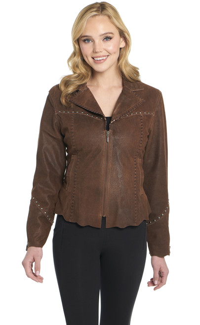 Studded Hand Laced And Distressed Zip Front Leather Jacket W/ Raw Edges And Back Embroidery (LL26177-F26)