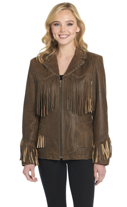 Studded Hand Laced Zip Front Hip Leather Jacket (LL20674-F25)