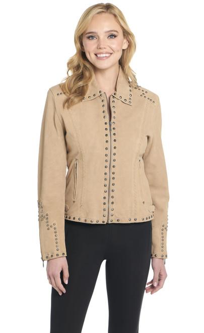 Studded And Hand Laced Suede Zip Front Jacket W/ Multi-Studded Back Band (LL21273-F25)