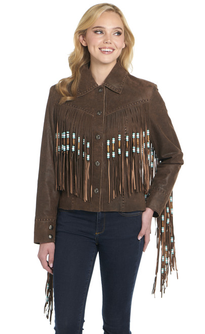 Hand Laced Snap Front Distressed Leather Jacket W/ Beading And Bone Pipe Fringe Accents (LL21675-F25)