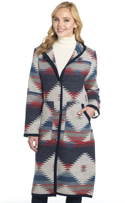 Button Front Navajo Blanket Duster W/ Contrast Trimmings And Hood (CR16149-F24)